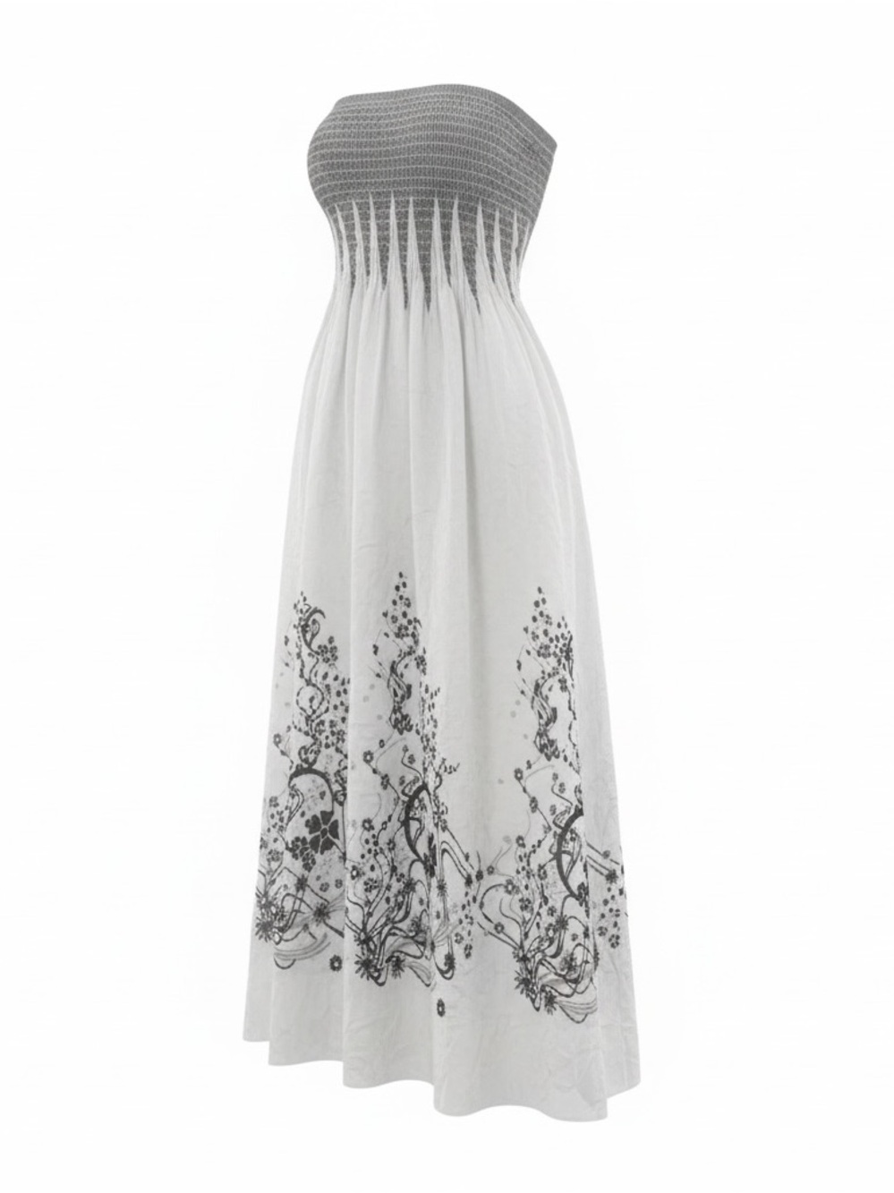 Lapis Gray Smocked Strapless White Floral Border Print Boho Maxi Dress - OS